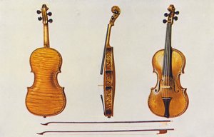 Instrumenty muzyczne: Skrzypce, Hellier Stradivarius i dwa stare smyczki z fletem (kolorowa litografia)
