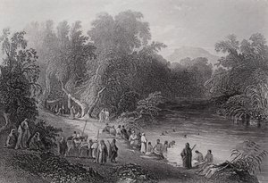 Rzeka Jordan, Kąpielisko Greckie (rycina) autorstwa William H. Bartlett