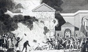 Zniszczenia spowodowane przez zamieszki w Londynie, które spowodowały ostrzelanie Nowego Więzienia Newgate i spalenie mebli pana Akermana, 6 czerwca 1780 r., ryc. T. Thornton autorstwa William Hamilton