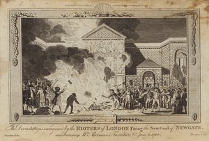 Zniszczenia spowodowane przez londyńskich zamieszek zwalniających nowe więzienie Newgate autorstwa William Hamilton