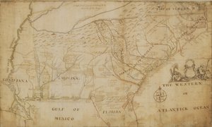 Mapa południowo-wschodniej części Ameryki Północnej, 1721 (pióro i atrament oraz pranie na papierze)