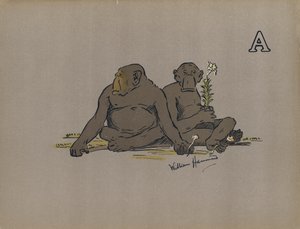 Litera A, Estetyczne małpy człekokształtne przyjmujące nienormalnie apatyczne postawy (kolor lito) autorstwa William Hammond