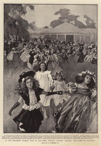 Na festynie charytatywnym dla dzieci w Królewskich Ogrodach Botanicznych, tańczący Sir Roger de Coverley autorstwa William Hatherell