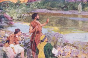 Jan patrząc na Jezusa, gdy szedł, powiedział: „Oto Baranek Boży, z The Bible Story opublikowanej przez Hodder & Stoughton, c.1930