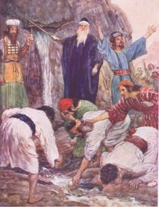 Mojżesz uderzający w skałę, z The Bible Story opublikowanej przez Hodder & Stoughton, ok. 1930 autorstwa William Hatherell