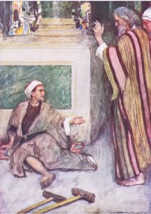 Peter i John uzdrawiający chromego człowieka, z The Bible Story opublikowanej przez Hodder & Stoughton, c.1930 autorstwa William Hatherell