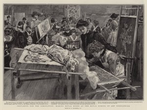 Przygotowania do koronacji, szycie Królewskich Szat w Królewskiej Szkole Rzemiosła Artystycznego autorstwa William Hatherell
