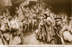 Sceny przejmującej radości i patosu rozgrywające się na wielkich dworcach kolejowych Londynu, 1914-19 autorstwa William Hatherell