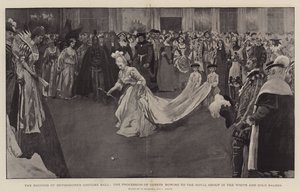 Bal kostiumowy księżnej Devonshire, procesja gości kłaniających się grupie królewskiej w salonie White and Gold, 1897 r.