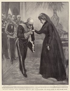 Wstąpienie króla, królowa Małgorzata odbiera Lorda Mount-Edgcumbe, specjalnego wysłannika na dwór włoski autorstwa William Hatherell