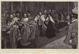 Otwarcie parlamentu, procesja królewska przechodząca wzdłuż Galerii Królewskiej do Izby Lordów autorstwa William Hatherell