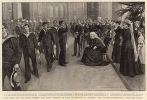 Królowa i Bohaterowie Beninu, Kompania Okrętowa H M S St George w Osborne, Jej Wysokość przesłuchuje rannego marynarza autorstwa William Hatherell