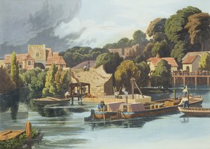 Wallingford Castle w 1810 podczas remontu mostu, rytowany przez Roberta Havella Młodszego (1793-1878) opublikowany 1818 (akwatinta) autorstwa William Havell