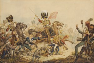 1. Life Guards szarżujący na francuską artylerię w bitwie pod Waterloo w 1815, 1820 r autorstwa William Heath