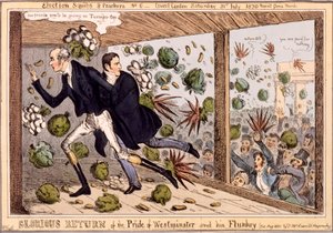 Chwalebny powrót dumy Westminsteru i jego lokaja, z serii „Charakterystyki wyborcze i krakersy”, 1830 (ręcznie barwiony grawerunek) autorstwa William Heath