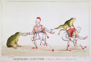 Żabi skok Grimaldiego w komicznej pantomimie Złota rybka, 1812 r. autorstwa William Heath