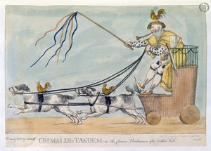 Tandem Grimaldiego w komicznej pantomimie Złota rybka, pub. 1812 autorstwa William Heath