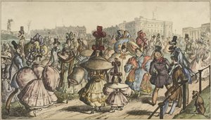 Mężczyźni i kobiety w efektownych strojach spacerujący po parku w mieście Park - 1830 (tytuł na obiekcie) autorstwa William Heath