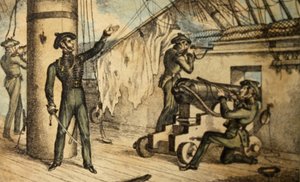 Strzelcy piechoty morskiej w akcji na pokładzie niezidentyfikowanego okrętu wojennego, ok. 1835 r. (akwaforta ręcznie kolorowana) autorstwa William Heath