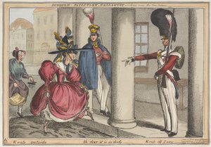 „Współczesna galanteria wojskowa – szkic w pobliżu Nowego Pałacu na zewnątrz – Och, jest tak brudno”, ok. 1829 (kolorowa akwaforta) autorstwa William Heath