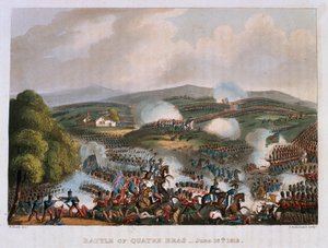 Bitwa pod Quatre Bras 16 czerwca 1815 r., rycina Thomas Sutherland, 1815 r. (kolorowa akwatinta) autorstwa William Heath