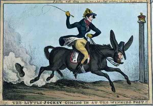 „The Little Jockey Coming in the Winning Post!!!”, c.1831 (kolorowa akwaforta) autorstwa William Heath