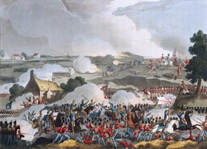 Centrum armii brytyjskiej w akcji w bitwie pod Waterloo, 18 czerwca 1815, akwatinta przez Sutherland, 1815 (kolorowa akwatinta)