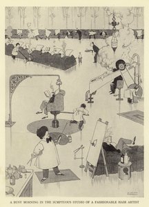 Pracowity poranek w wystawnej pracowni modnej fryzjerki autorstwa William Heath Robinson