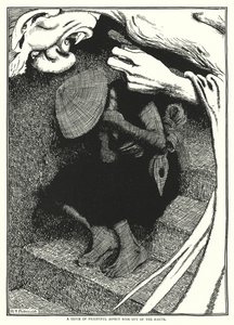 Dżin o przerażającym aspekcie wyrósł z ziemi (rycina) autorstwa William Heath Robinson