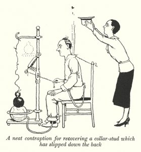 Zgrabne urządzenie do odzyskiwania spinki do kołnierza, która zsunęła się z tyłu (litografia) autorstwa William Heath Robinson