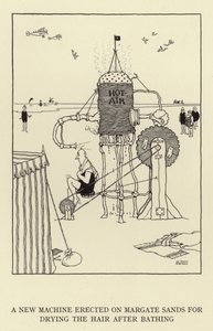 Nowa maszyna postawiona na Margate Sands do suszenia włosów po kąpieli autorstwa William Heath Robinson