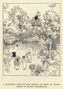 Znany gang złodziei kapeluszy w pracy w Epping Forest w niedzielne popołudnia autorstwa William Heath Robinson