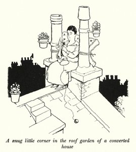 Przytulny kącik w ogrodzie na dachu przebudowanego domu (lito) autorstwa William Heath Robinson