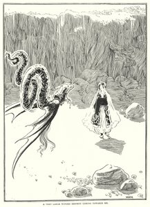 Bardzo duży uskrzydlony wąż zbliżający się do mnie (rycina) autorstwa William Heath Robinson