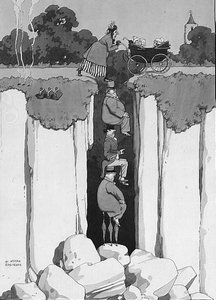 Akt życzliwości, Troskliwość Trzech Panów w Asystowaniu Pani nad Przepaścią (pióro i atrament, akwarela) autorstwa William Heath Robinson