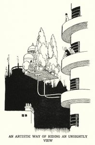 Artystyczny sposób na ukrycie nieestetycznego widoku (litografia) autorstwa William Heath Robinson