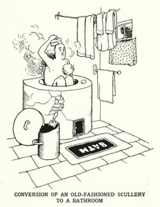 Konwersja staroświeckiej zmywarki do łazienki (litografia) autorstwa William Heath Robinson