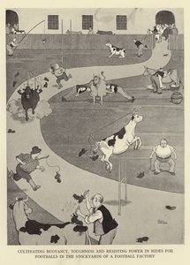 Kultywowanie pływalności, wytrzymałości i siły oporu w skórach do futbolu na składowiskach fabryki futbolu autorstwa William Heath Robinson