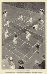 Double cross tenis, dla oszczędności miejsca w lokalnych turniejach i ogólnie podkręcania gry autorstwa William Heath Robinson