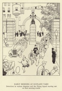 Wczesny poranek w Scotland Yardzie, detektywi w różnych przebraniach i Latający Oddział wyruszają na poranny obchód. autorstwa William Heath Robinson