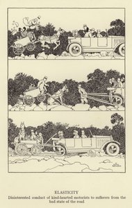 Elastyczność, bezinteresowne zachowanie życzliwych kierowców wobec cierpiących z powodu złego stanu dróg autorstwa William Heath Robinson