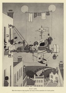 Życie w mieszkaniu, czyli jak najemca najwyższego mieszkania może cieszyć się wszystkimi udogodnieniami tylnego ogródka autorstwa William Heath Robinson