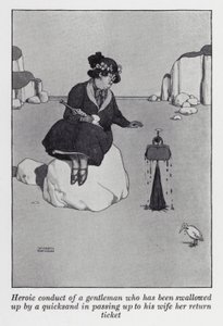 Bohaterskie zachowanie dżentelmena, który został pochłonięty przez ruchome piaski, przekazując żonie jej bilet powrotny (lito) autorstwa William Heath Robinson