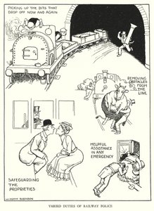 Ilustracja do Ribaldry na kolei autorstwa W. Heatha Robinsona (lito) autorstwa William Heath Robinson