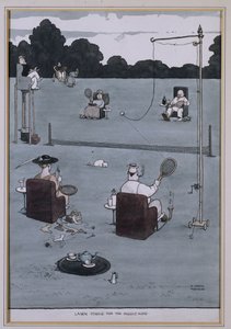 Tenis na trawniku dla średniowiecza (pióro i atrament oraz w/c) autorstwa William Heath Robinson