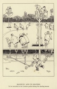 Magnetyczna pomoc dla łyżwiarzy, która zostanie zainstalowana w londyńskich parkach podczas sezonu łyżwiarskiego autorstwa William Heath Robinson