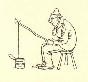 Mężczyzna łowi łososia w puszce autorstwa William Heath Robinson