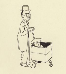 Mężczyzna pchający chłopca w pudełku autorstwa William Heath Robinson