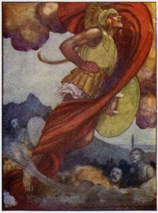 Mars, niczym chmura burzowa, poszybował w górę przez niebo do Olimpu (kolor lito) autorstwa William Heath Robinson