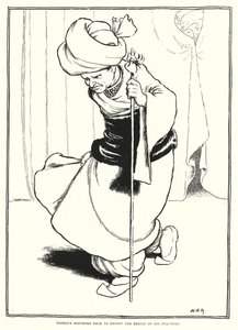 Mesrour pospieszył z powrotem, aby zgłosić wynik swoich dochodzeń (grawerunek) autorstwa William Heath Robinson